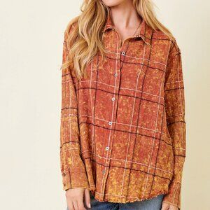 MYSTREE Rust Plaid Button Down Shirt, Distressed Hem Flannel Shirt